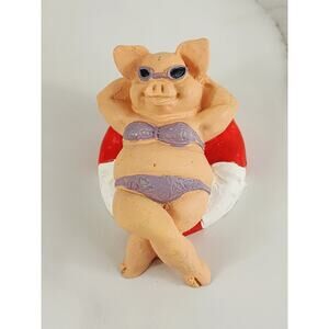 Pig In Bikini On The Beach Figurine Piglet Piggy Resin 3" Year 90s Pig Lover